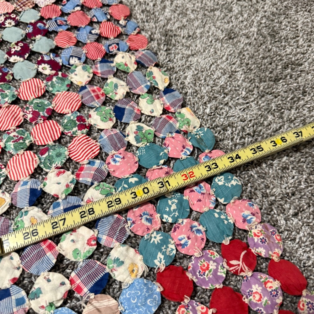 Handmade Vtg Yo-Yo Quilt Topper Throw Multi-Color Patchwork 72x34 Floral Boho - Picture 5 of 8